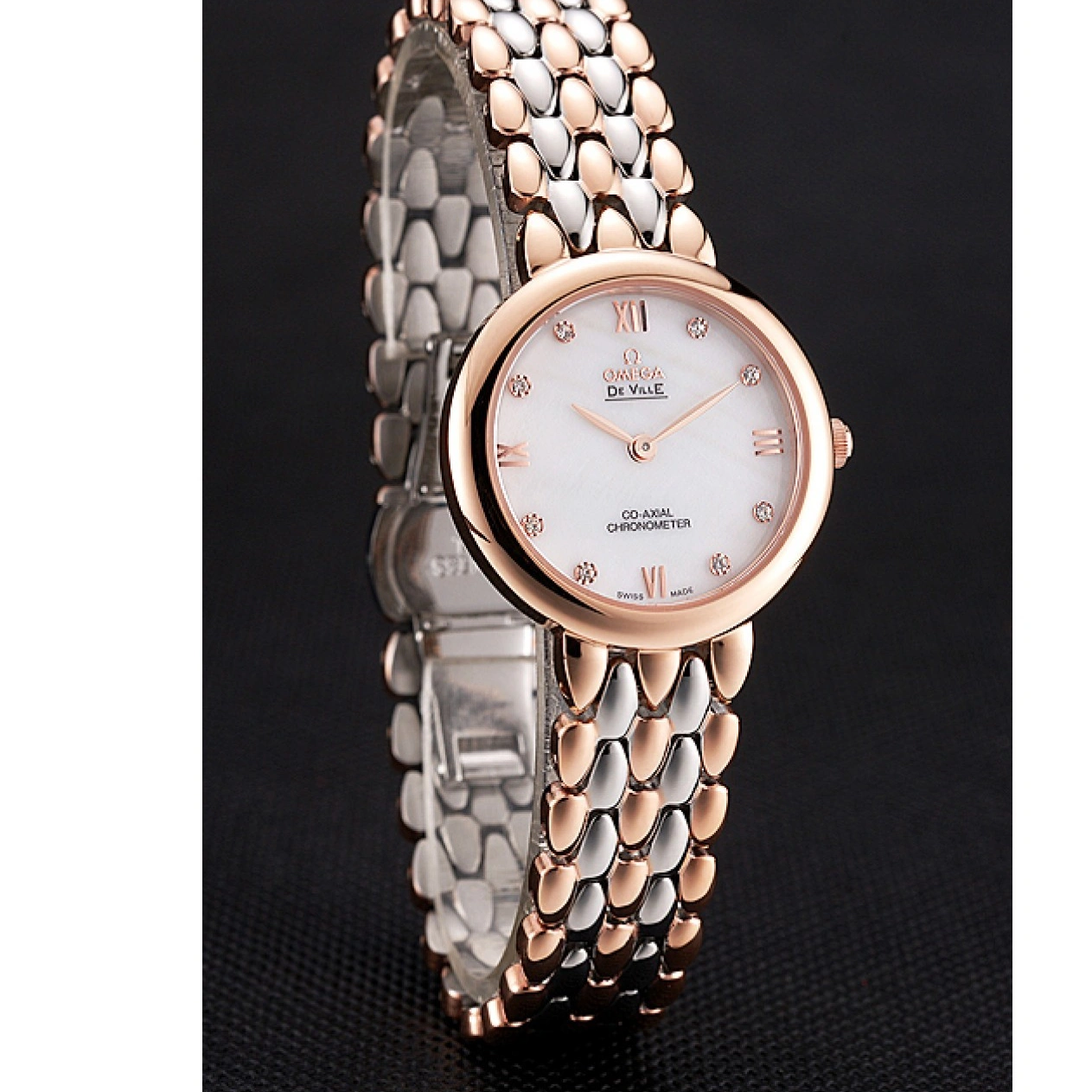 1015 Omega De Ville Prestige No Date White Dial With Diamonds Rose Gold Case Two Tone Bracelet